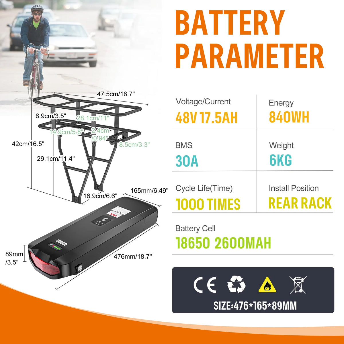 Rear Rack E-Bike Battery 36V / 48V 17.5Ah / 20.8Ah