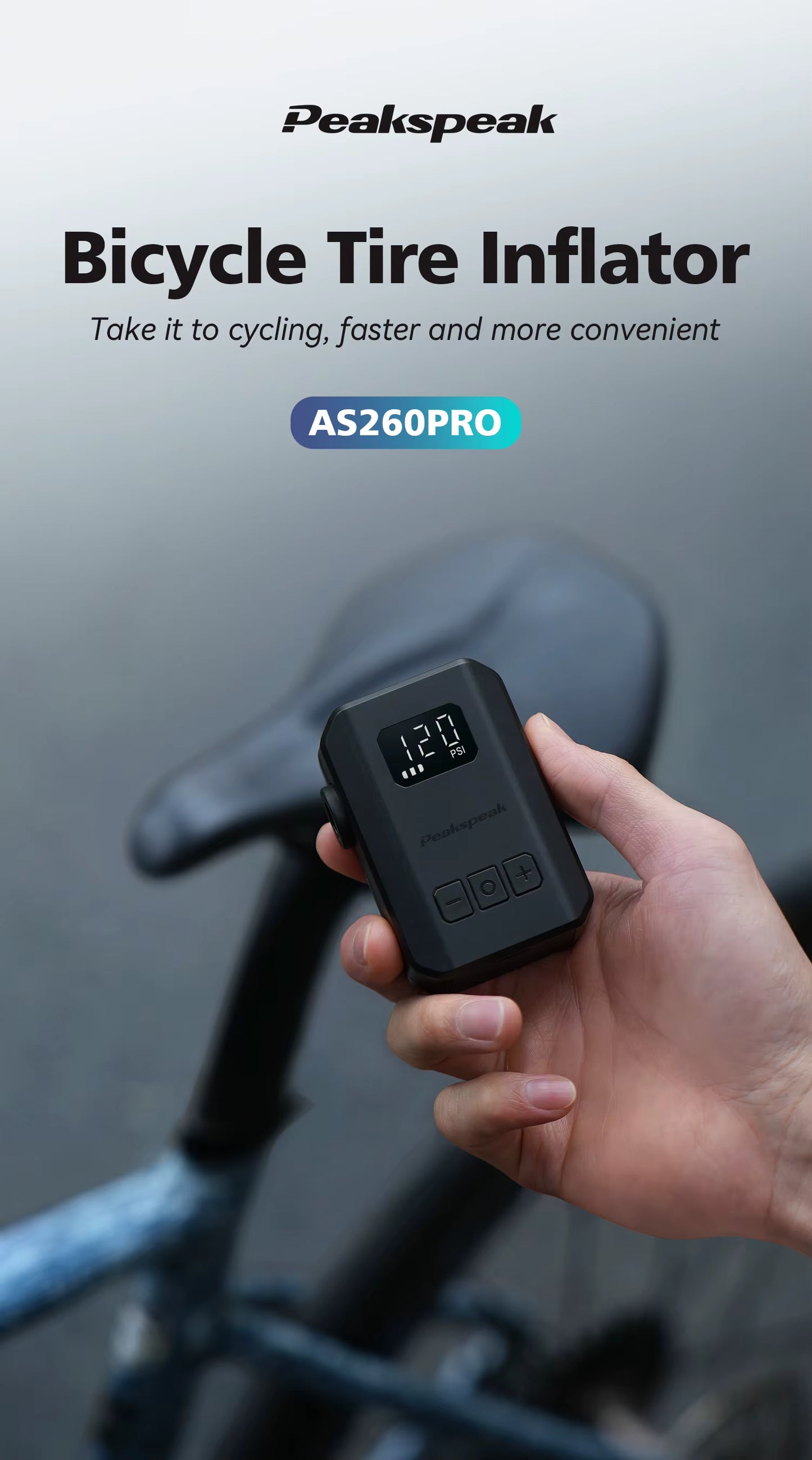 Peakspeak AS260PRO Mini Electric Bike Pump – 120 PSI Cordless Inflator