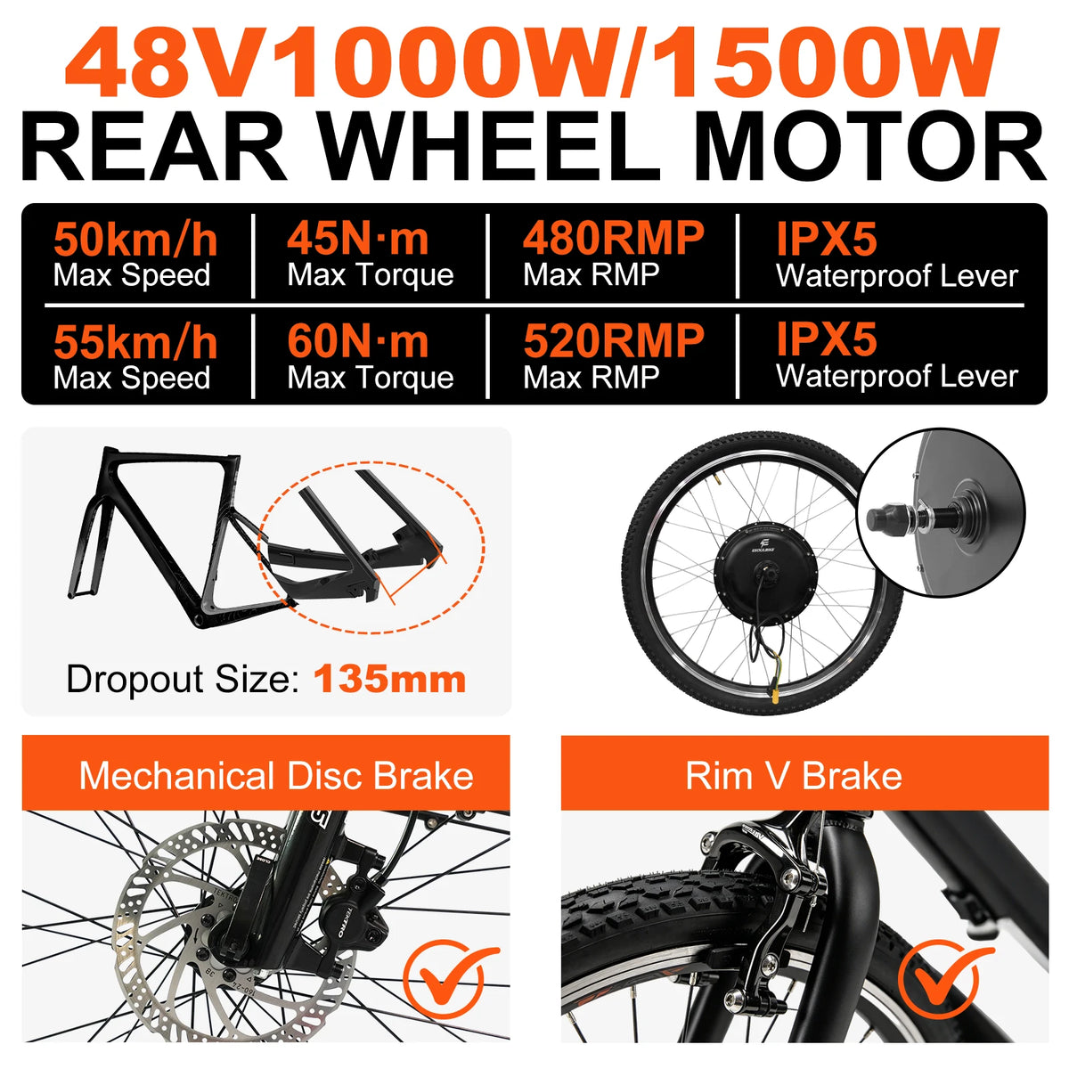 48V 1000W 1500W Rear Hub Motor E-Bike Conversion Kit