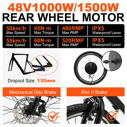 48V 1000W 1500W Rear Hub Motor E-Bike Conversion Kit