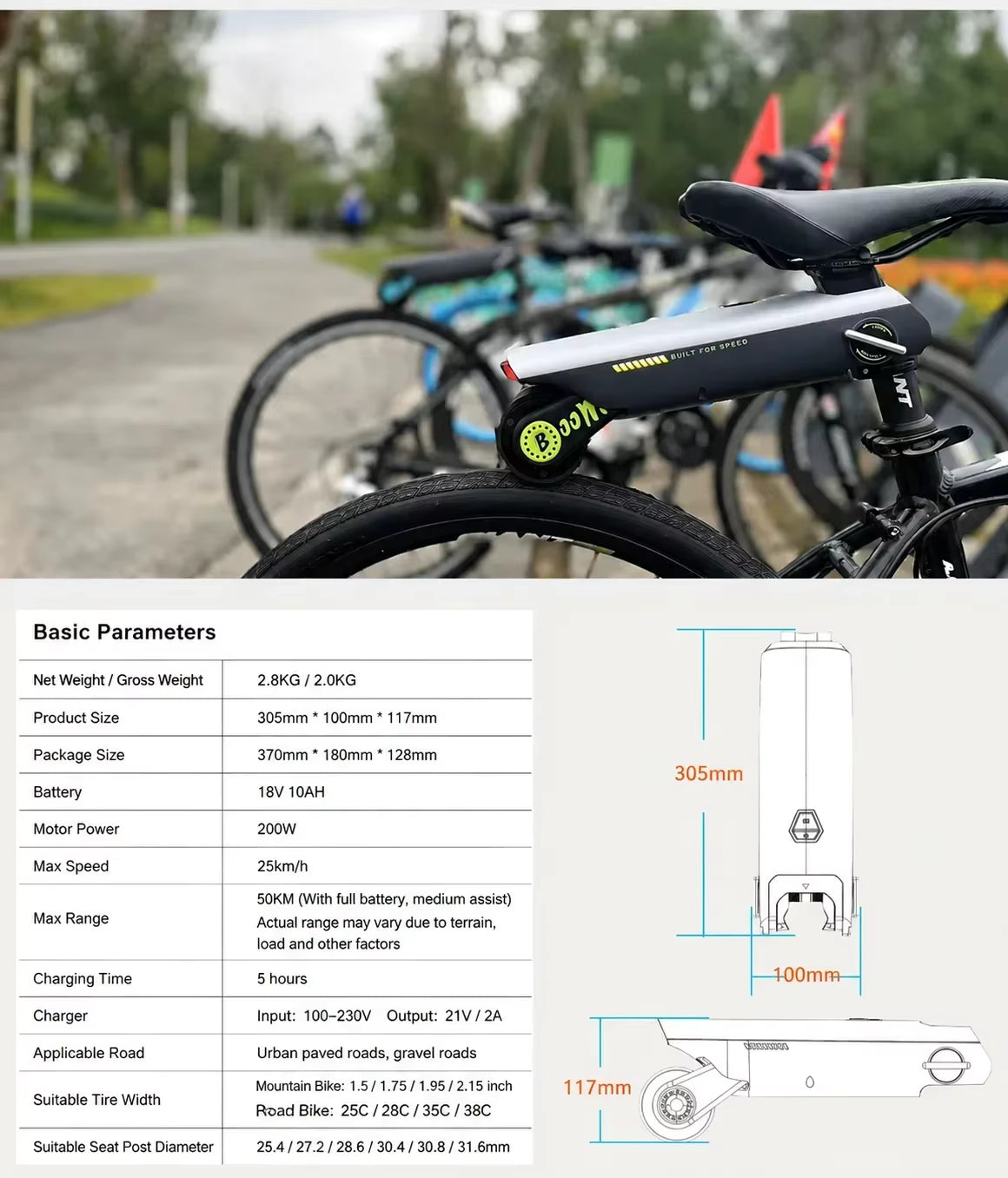 200W E-Bike Power Assist Kit with 18V 10Ah Battery