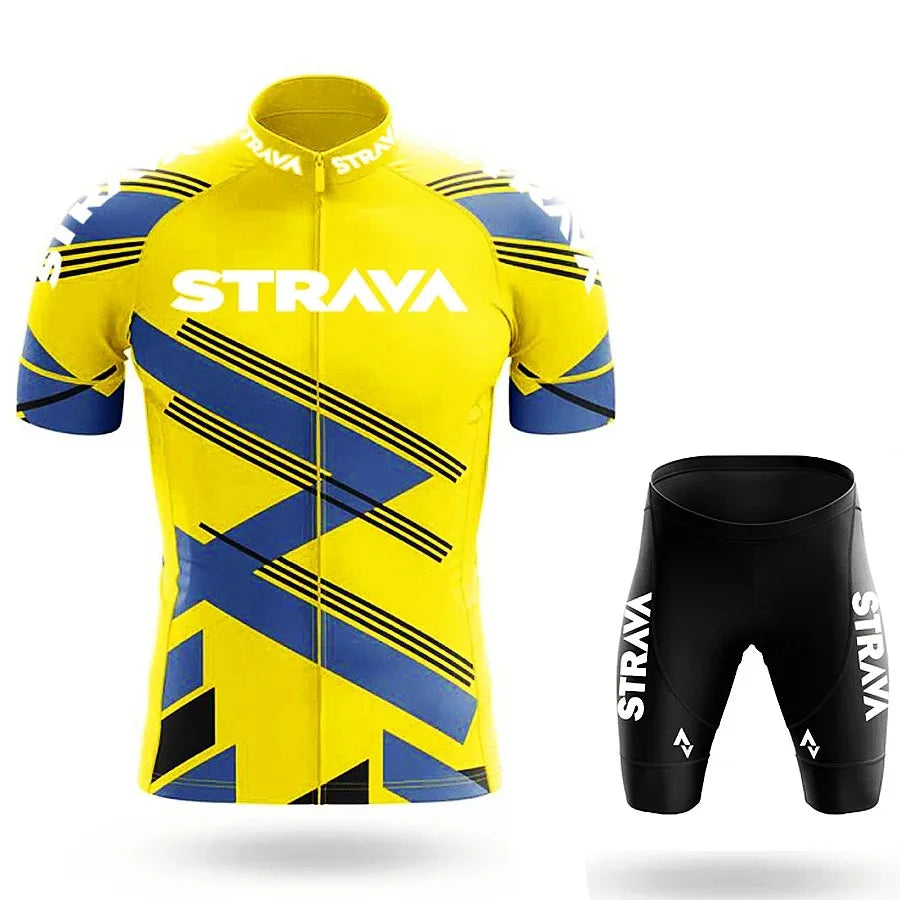 Strava Men's Summer Cycling Jersey & Bib Shorts Set with Padded Chamois