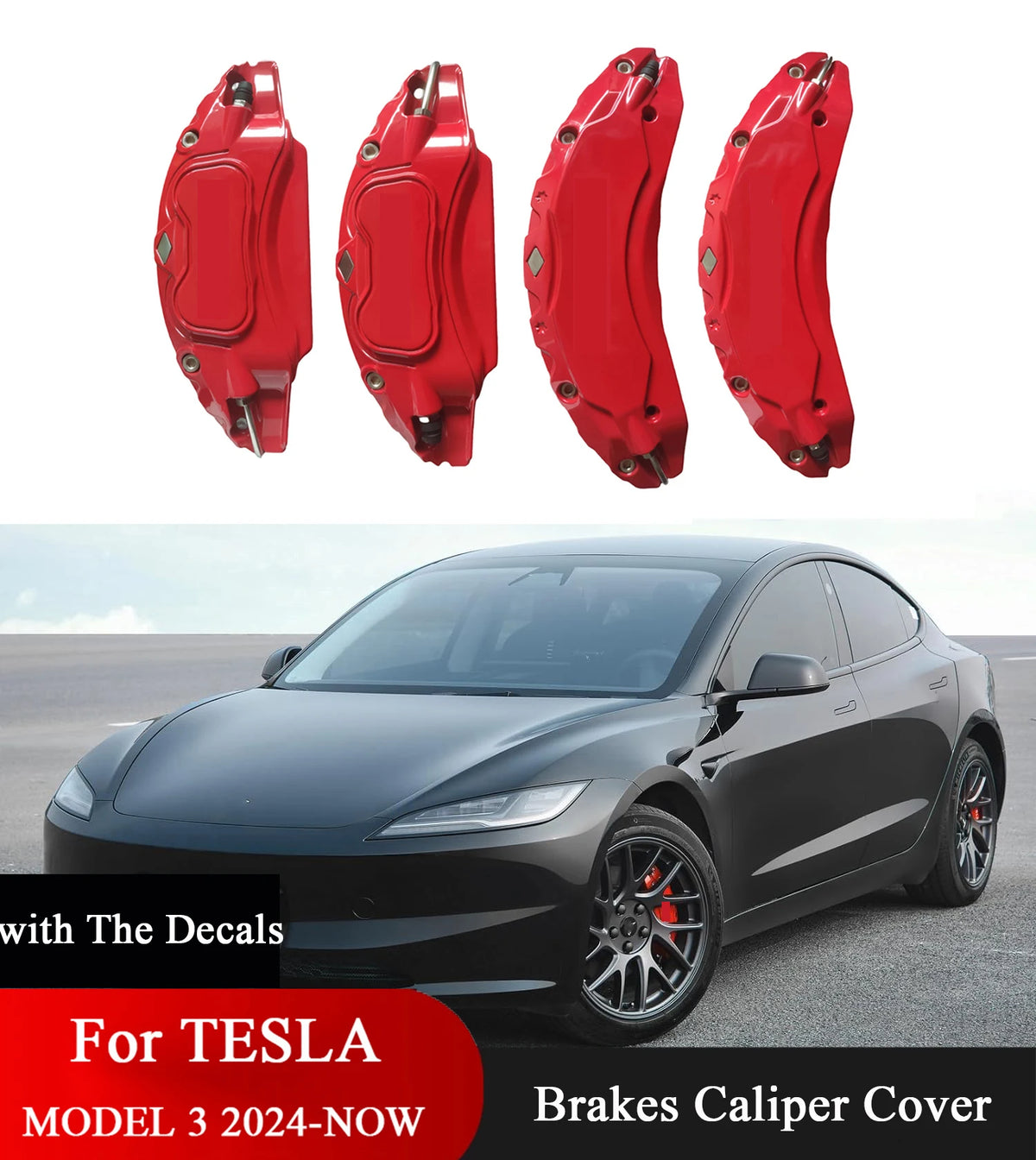 Tesla Model 3 Highland 2024-2026 Aluminium-Bremssattelabdeckungen mit Aufklebern, 4-teiliges Set