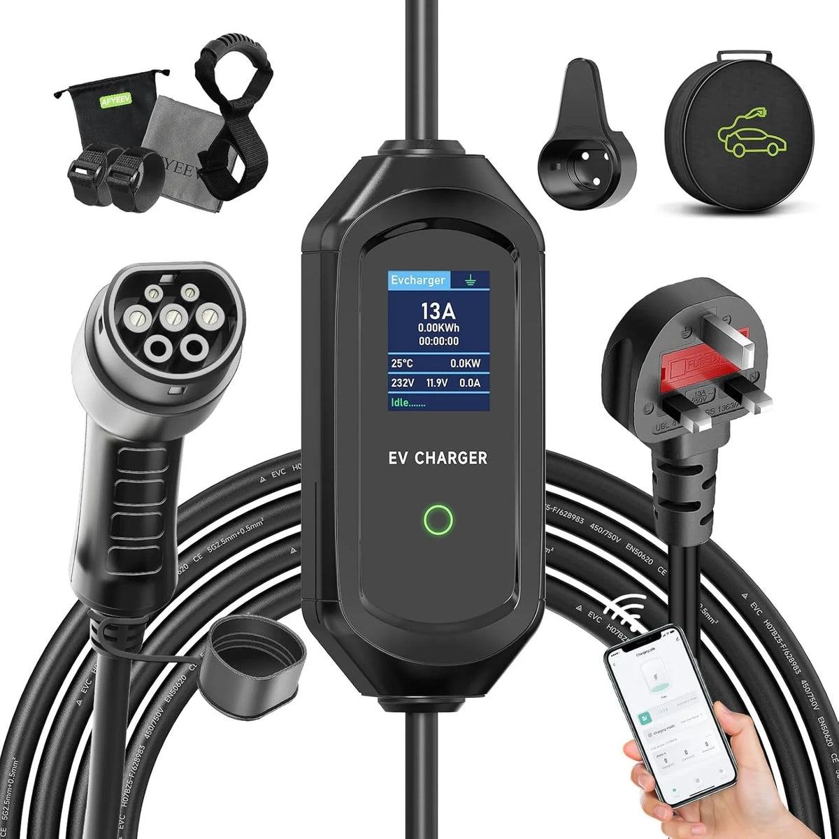 AFYEEV Portable Type 2 EV Charger 13A UK Plug / 32A CEE Plug