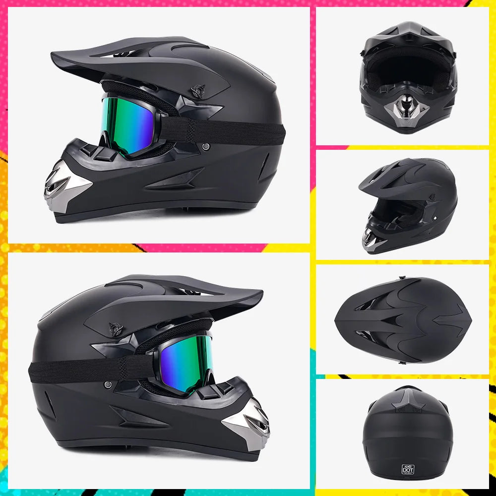 Motocross Integralhelm Erwachsenen Dirt Bike UTV Offroad Helm Brille Handschuhe und Gesichtsmaske Mattschwarz Motorradzubehör