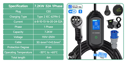AFYEEV Portable Type 2 EV Charger 13A UK Plug / 32A CEE Plug