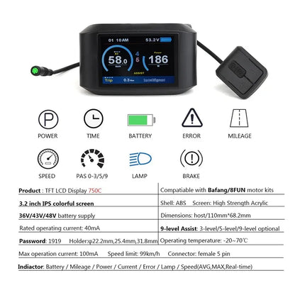 750C Colour LCD E-Bike Display with Bluetooth for BAFANG Motors