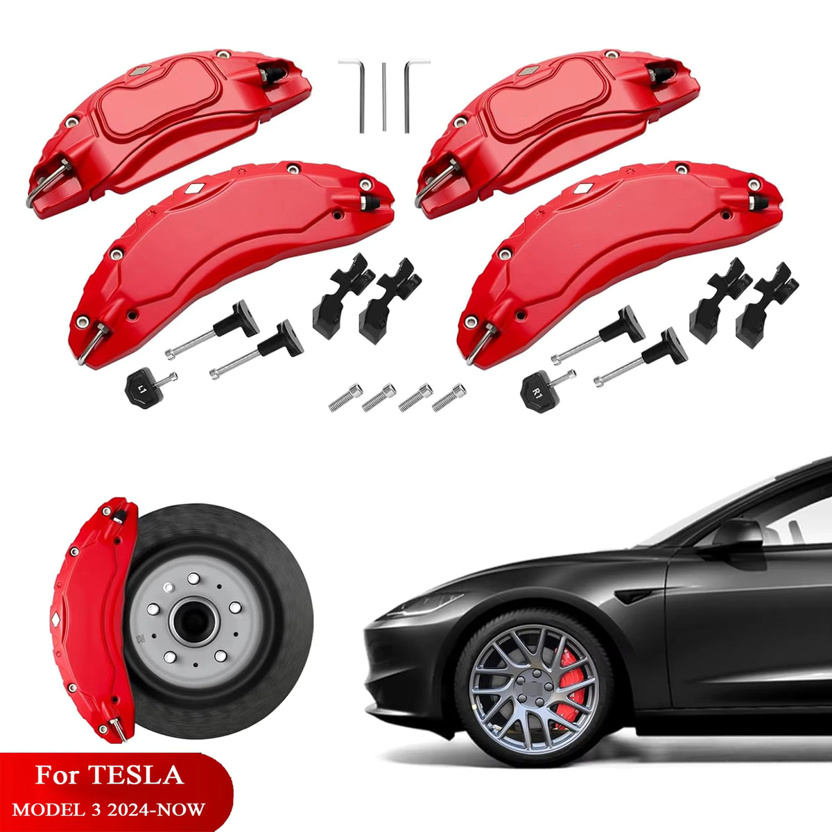 Tesla Model 3 Highland 2024-2026 Aluminium-Bremssattelabdeckungen mit Aufklebern, 4-teiliges Set