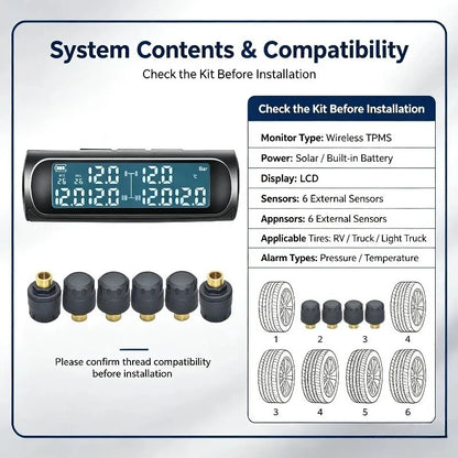 Contrôleur de pression des pneus (TPMS) solaire sans fil avec capteurs externes pour camions et véhicules récréatifs