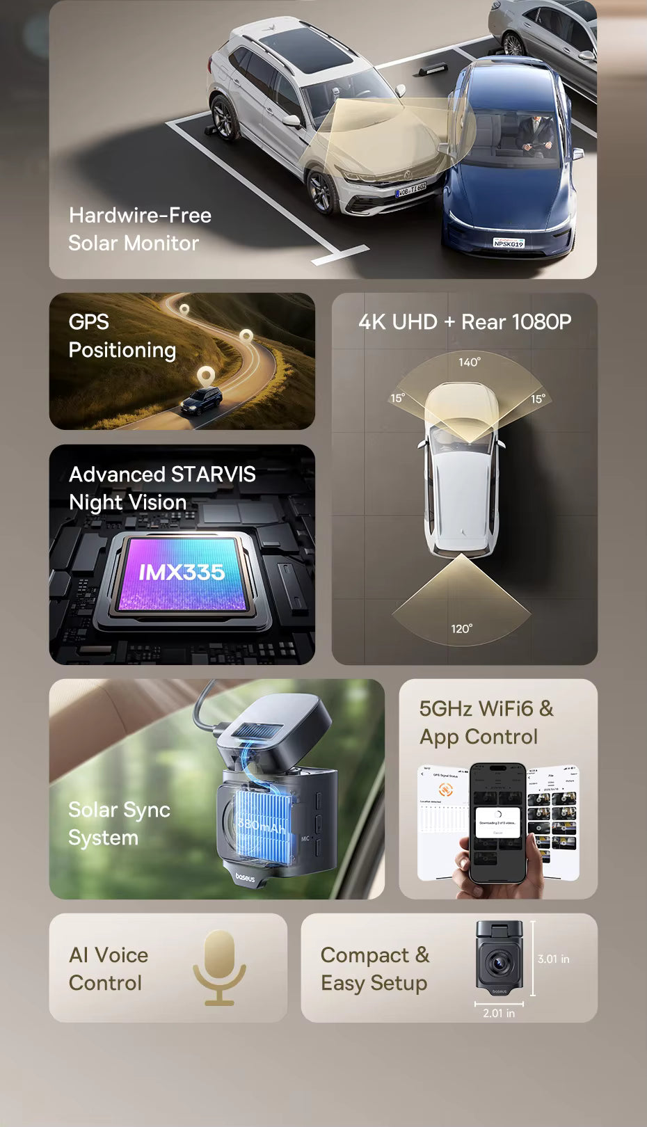 Baseus 4K + 1080P Dual Dash Cam with Sony STARVIS, GPS & Wi-Fi 6