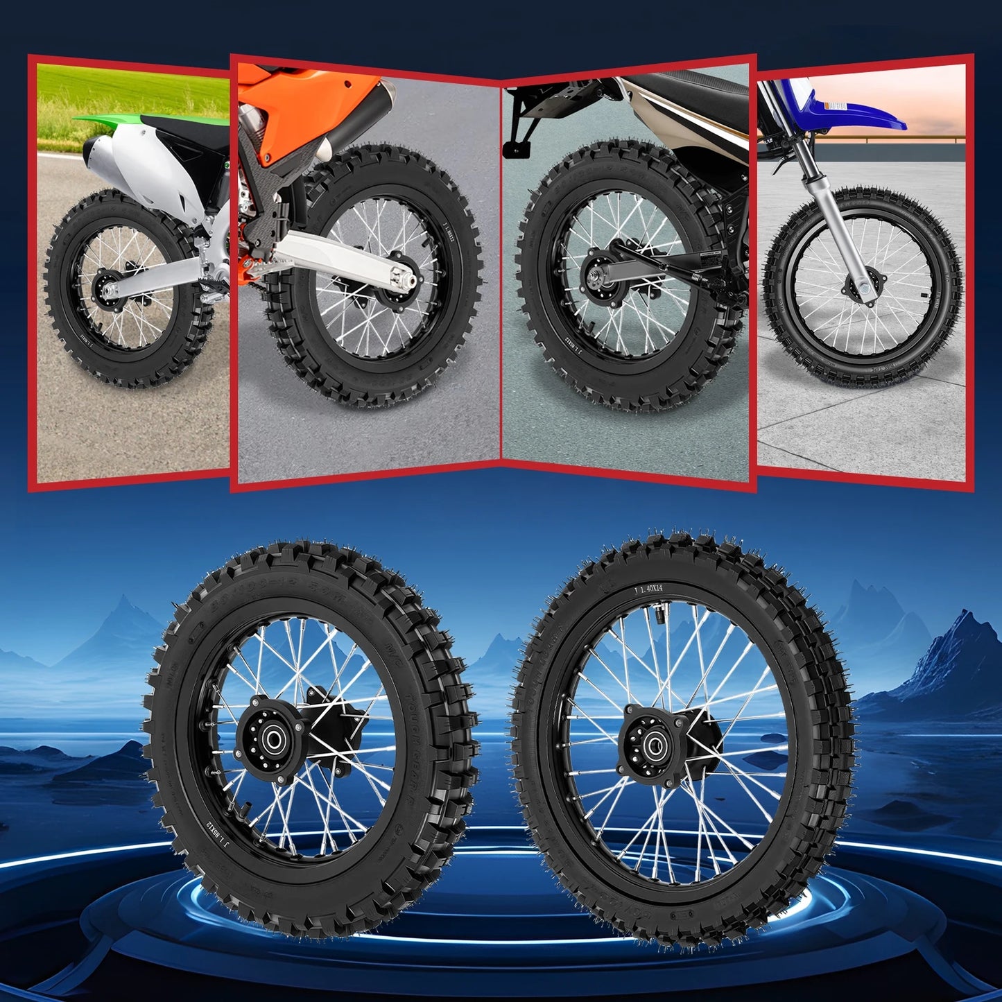80/100-12 60/100-14 Radnabe mit Reifen, Speichenfelgensatz für Offroad-Motorräder, Vorderrad-Hinterrad-Baugruppe, Upgrade-Modifikation