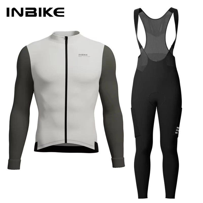 INBIKE Men's Winter Thermal Cycling Jersey & Fleece Bib Tights Set with Pockets