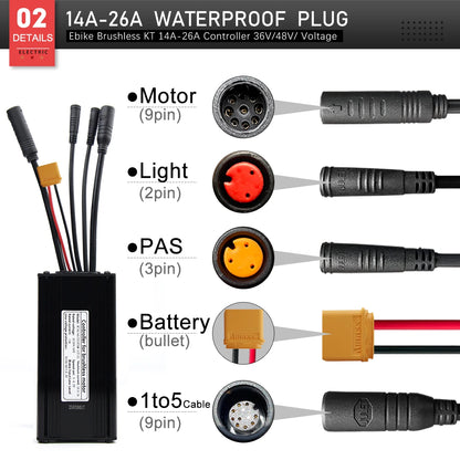 KT Waterproof E-Bike Controller 36V/48V – 14A to 35A Brushless Motor Controller