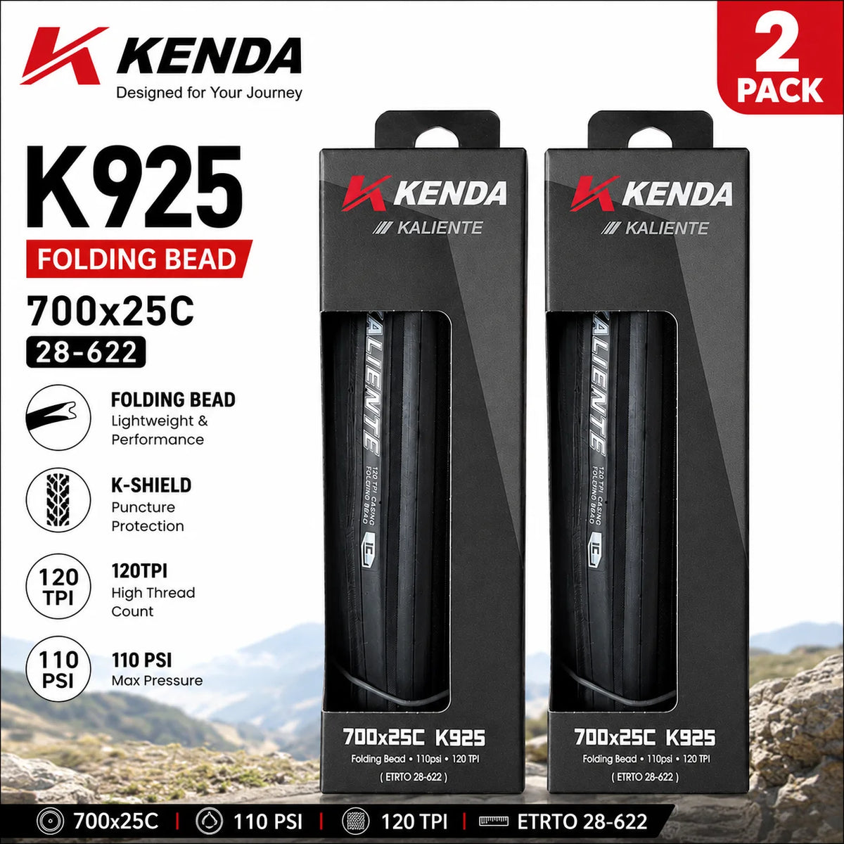 KENDA K925 700C Folding Road Bicycle Tyres 2-Pack